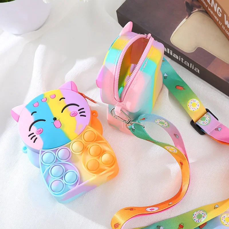 Kids Cat Pops Messenger Bag Fidget Bubble Bag Mixed Color Icecream Shoulder Bags with Strap Girls Novelty Toy for Autism Gift