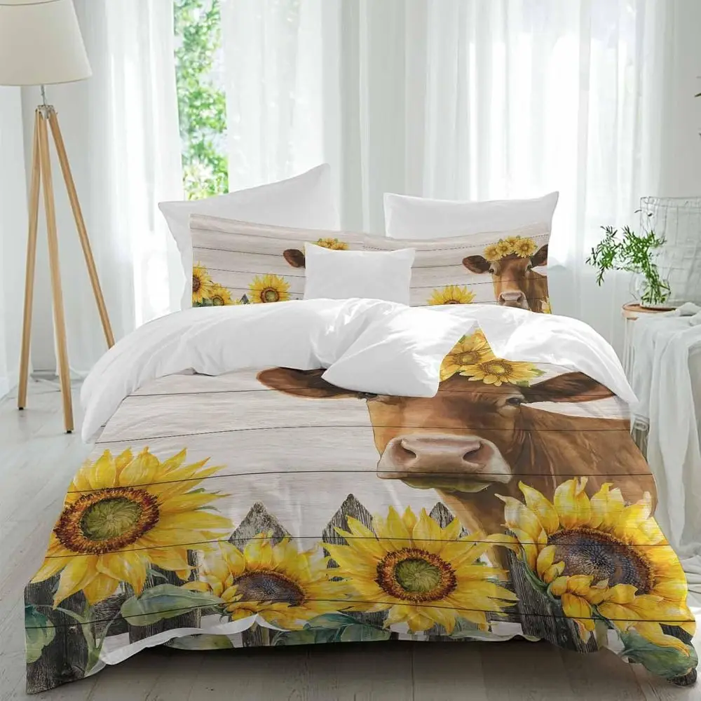 

Cow Suower Sheet Set, Country Style Wood Grain armhouse 4 Pieces Breathable Sot Duvet Cover Set Bedding Cozy Bed lat Sheets or H