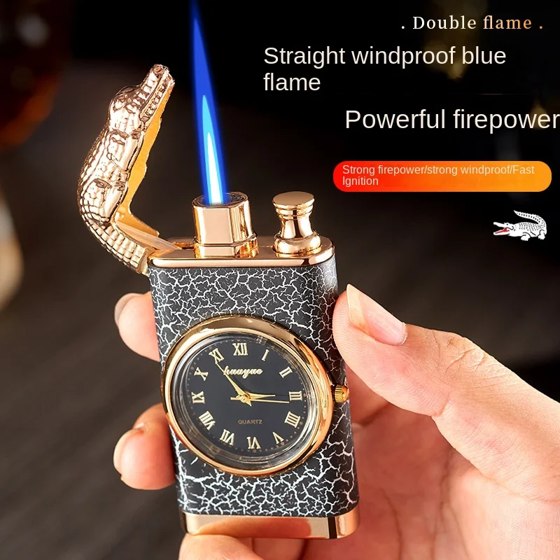 

Gas Lighter Wrist Watch Crocodile Metal Portable Windproof Unusual Cigarette Cigar Lighters Double Fire Torch Lighter Butane