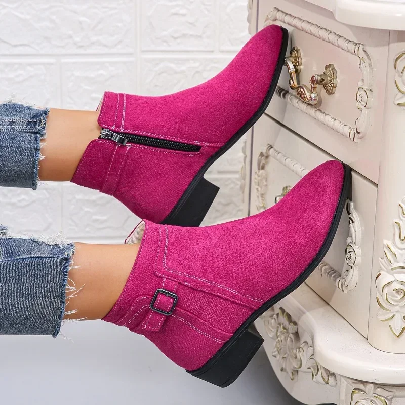 2024 Hot Sale Shoes for Women Side Zip Women\'s Boots Winter Round Toe Suede Solid Short Barrel Low Heels Large Size Naked Boots