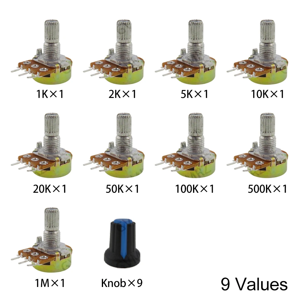 18PCS (9Values+ 9Knobs) WH148 Potentiometer Kit (1K-1MΩ 15mm 3PIN) with Blue Knobs for DIY Circuit Adjustment 1K 10K 2K 5K 1M