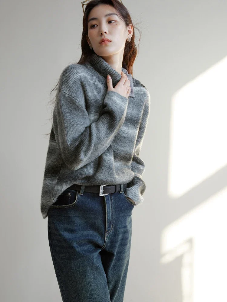 DUSHU 10.4% Wool Women Turtleneck Sweater Neck Button Design Gradient Gray Loose Pullover Winter New Slightly Wool Sweaters