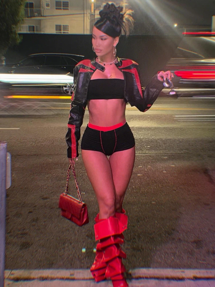 Whatiwear Chaude Filles Contraste Patchwork Manteaux Femmes Faux Cuir Zip Bouton o-cou À Manches Complètes Rue Style Classique Veste