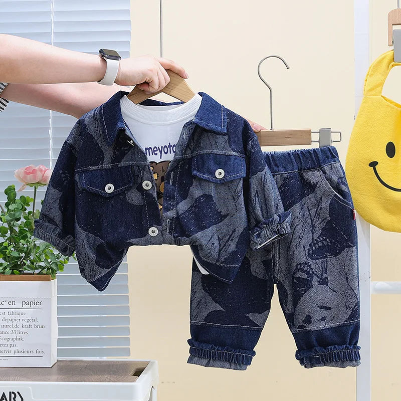 2024 Autumn Toddler Boys 3PCS Clothes Set Cartoon Tops Denim Long Sleeve Coat Loose Jeans Suit Kids Baby Boys Outfits