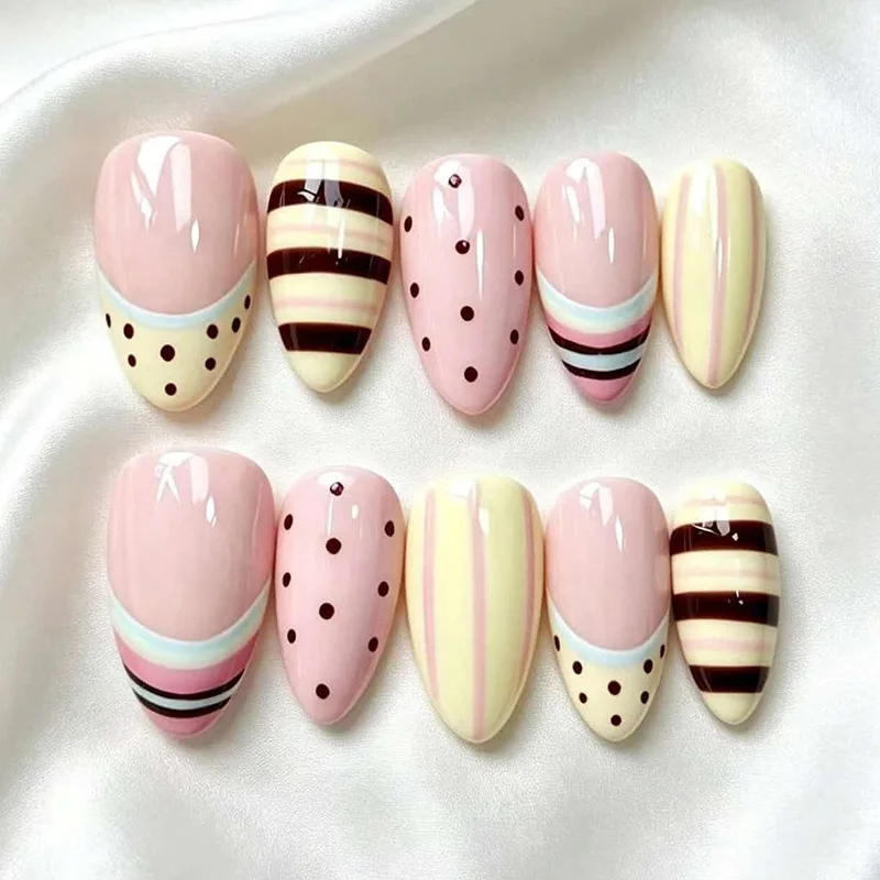 24PCS Pink Stripe Almond Press on Nails Sweet Yellow Brown Polka Dots French False Nails Simple Fashionable Nail Tips Full Cover