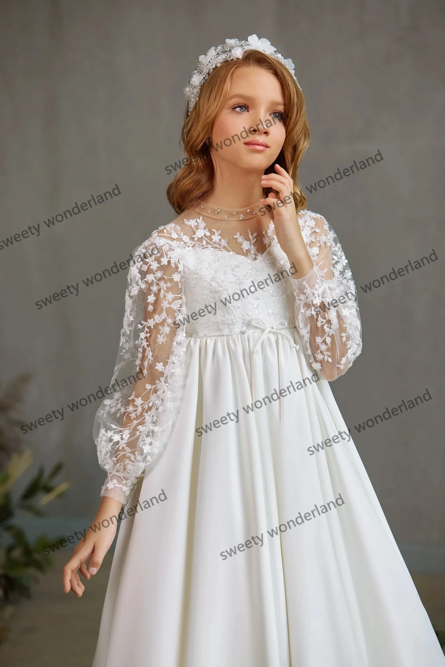 Vestidos De Menina De Flor Para Casamentos, Vestido De Festa Princesa Império Cintura, Apliques De Renda De Mangas Cheias, Vestidos Pageant