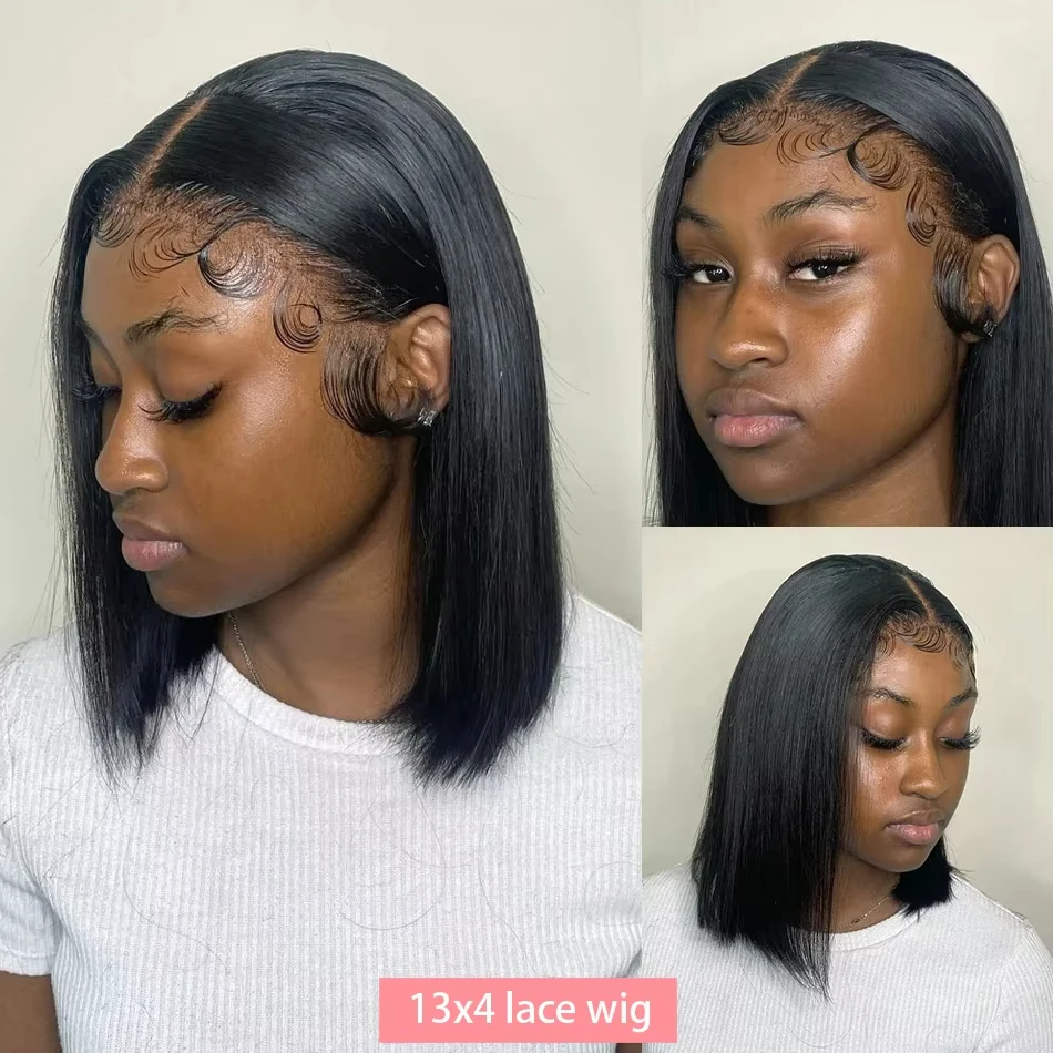 

Black Bob Natural Color Wig Short Glueless Wig Human Hair Bob Straight With Baby Hair Pre Plucked HD Lace Frontal 180% Wigs