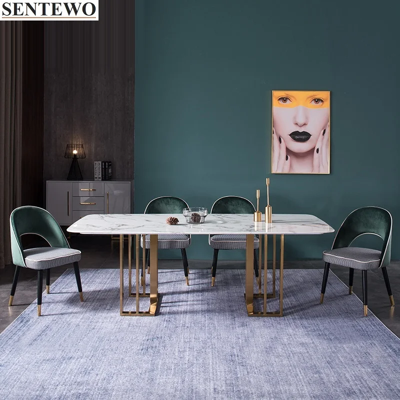 SENTEWO Luxury Marble Dining Table Dinning Chair Set Stainless Steel Gold Plating Frame Kitchen Furniture Cuisine Avec Chaise