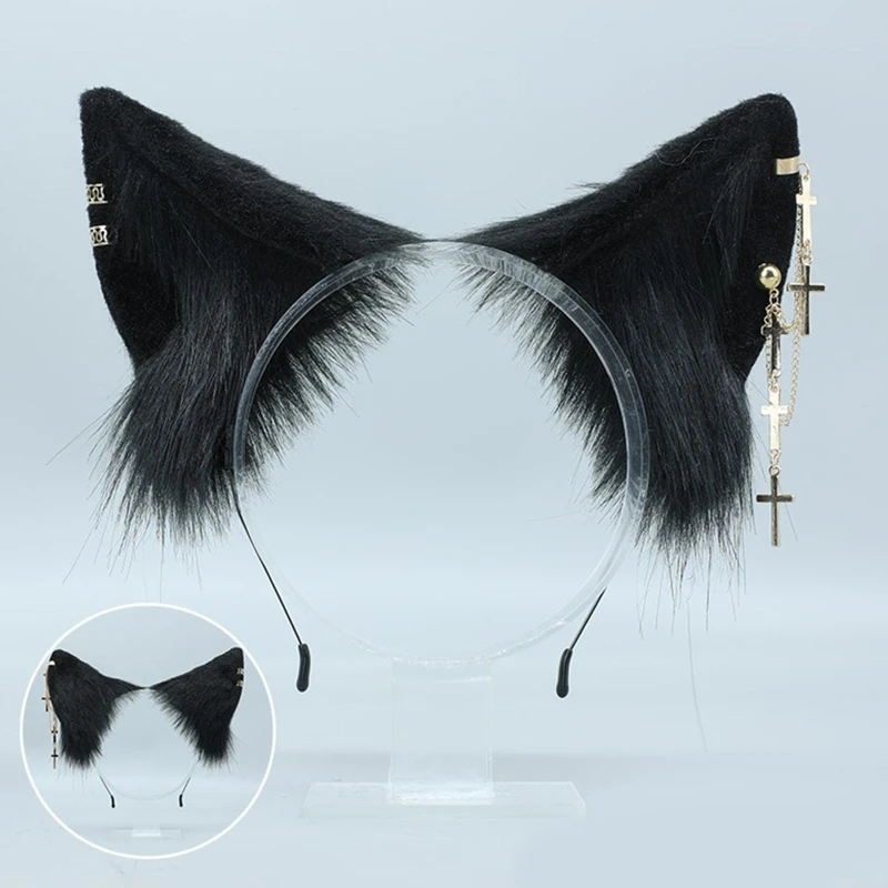 Fashion Cat Ears Headband with Earrings Hanging Chain Flexible Hair Accessory Anime Fancy Dress Party Sweet Ornaments