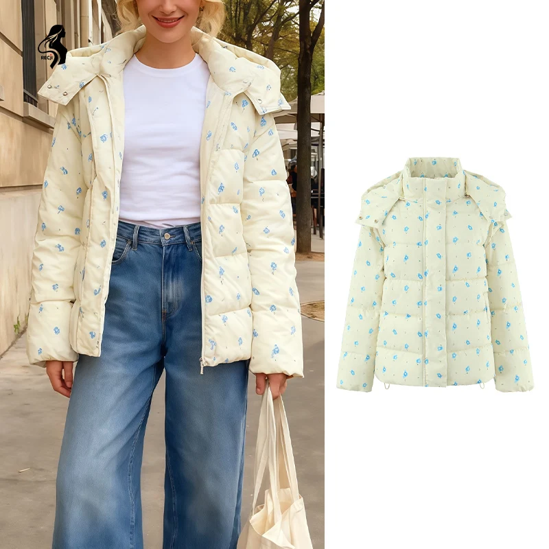 

Fashionable Womens Hooded Cotton Jacket Zipper Printed Stand Collar With Hood Warm And Soft Cotton Jacket Casual Daily Wear