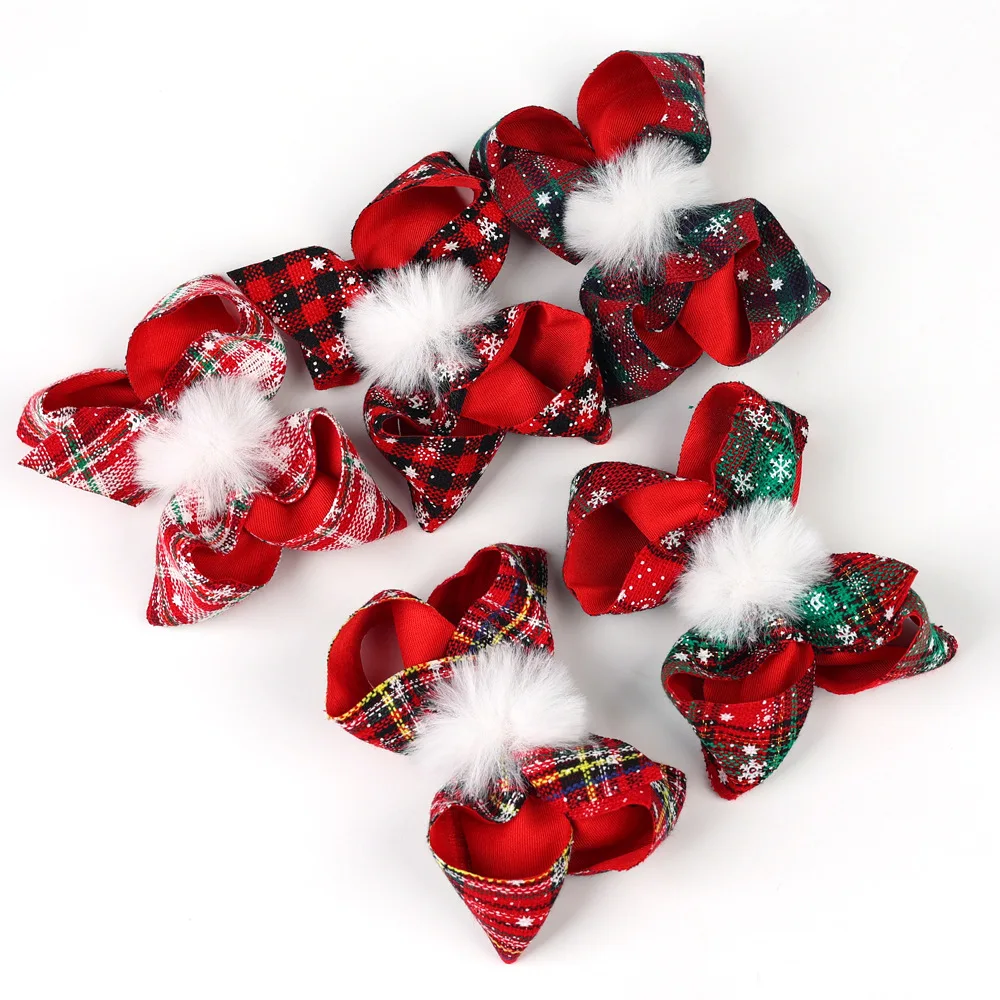 Christmas Children's Bow Hairpin Girl Plaid Big Bow Hairball Clip Christmas Element Clip Christmas Party Hair Accessories