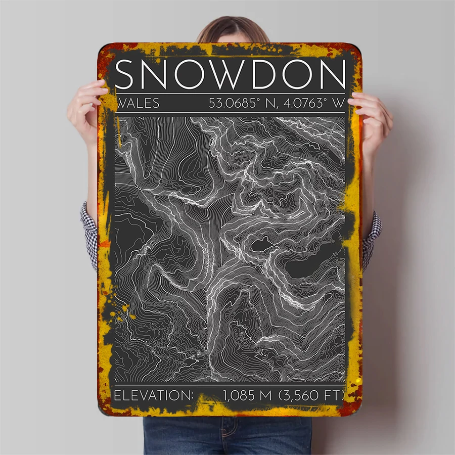 Snowdon Wales Topographic Map Metal Wall Art 53.0685°N 4.0763°W Elevation 1085M Hiking Decor