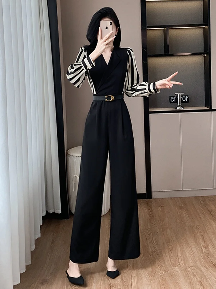 

Ele Tailored Wide Leg Jumpsuit Set Spring Autumn High Waist Fem Suiting Pantsuit Ensemble Luxury mat Splicing