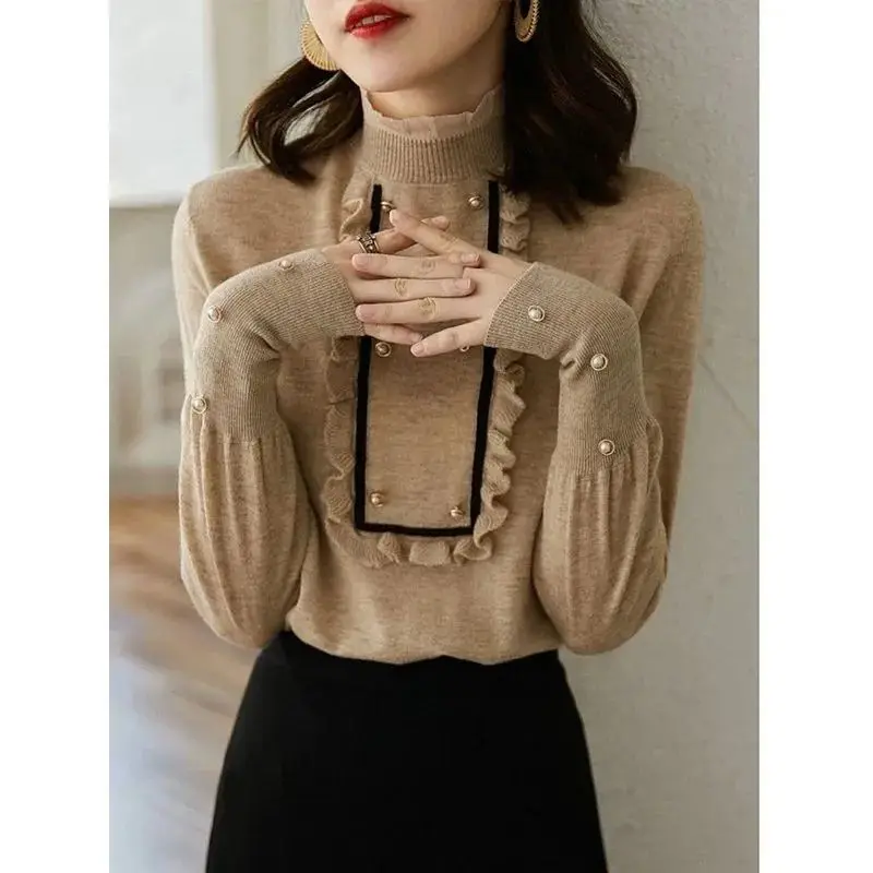 Autumn Winter New Solid Color Half High Collar Long Sleeve Sweater Women High Street Pullovers Elegant Edible Tree Fungus Tops