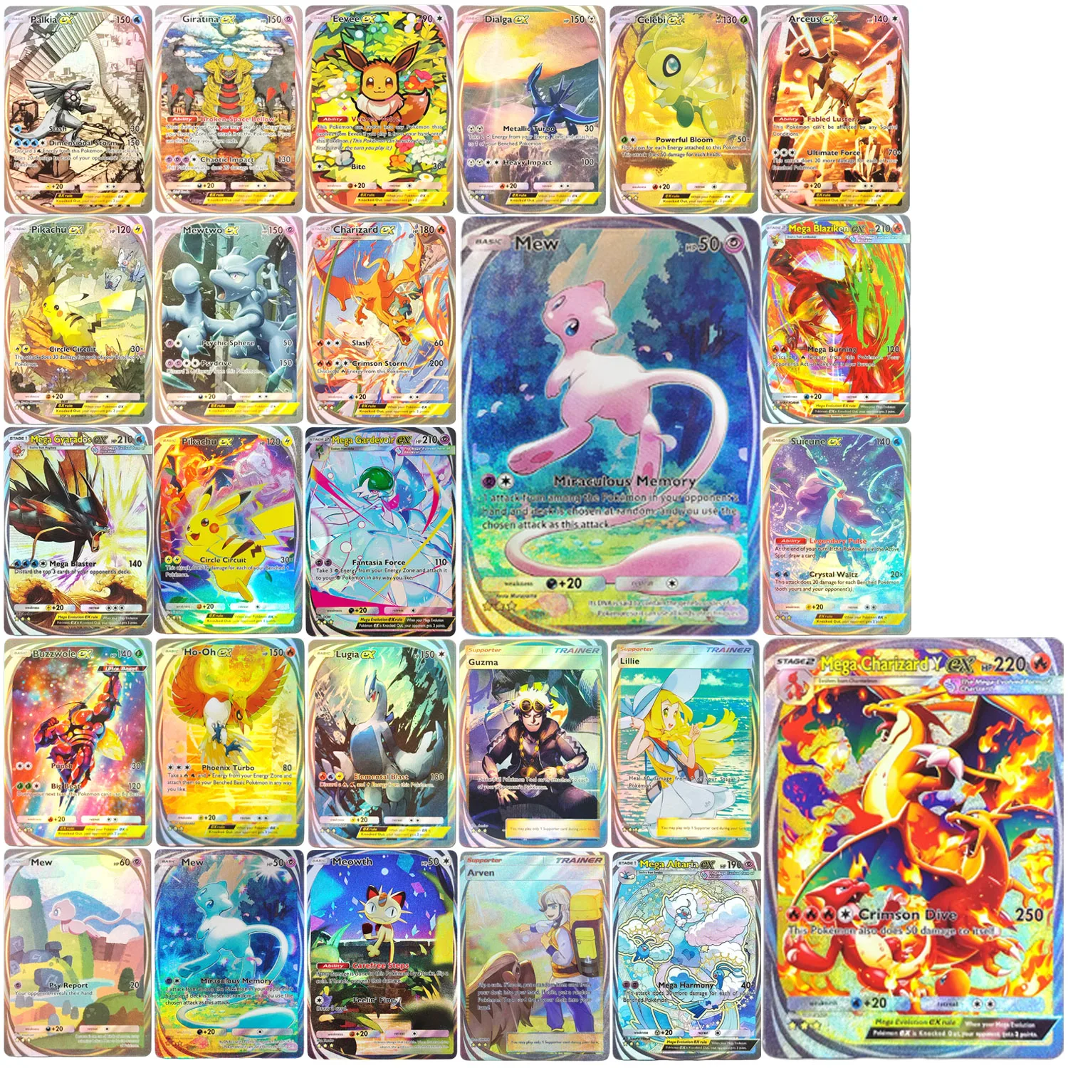 Carte de jeu TCG faite maison : Buzzwole, Meowth, Giratina, Guzma, Suicune, Arceus, Celebi, Mewtwo, Blaziken, Eevee, Gardevoir