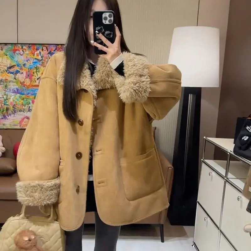

Double-Sided Wear Lamb Fur Inteated Outerwear Women's Winter Mid-Length Thiened Warm Loose Collar Cotton Coat Dr