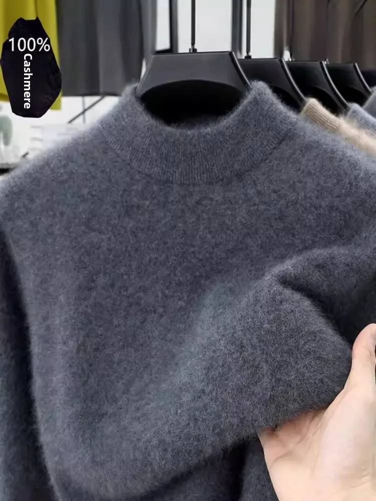 

Мужской свитер из 100% чистого кашемира, зимний, теплый, с воротником-стойкой, шерстяная базовая рубашка, мужская модель, деловой повседневный стиль, с длинным рукавом