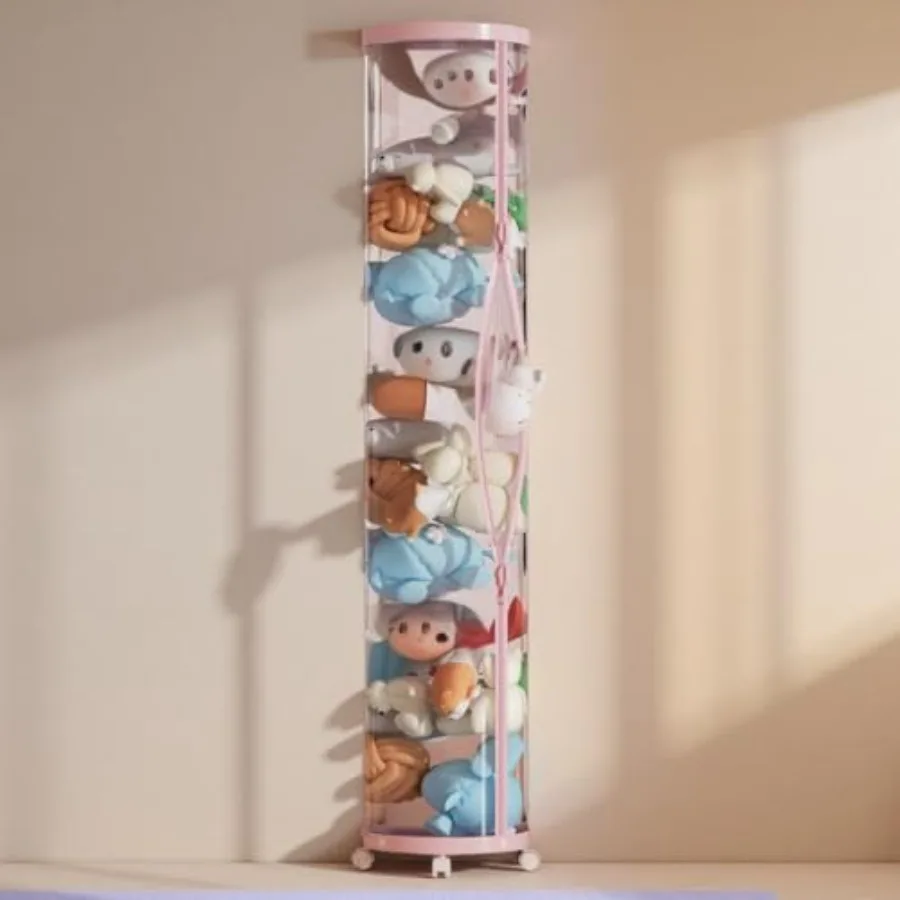

Upgraded Stuffed Animal Storage TubeTall 150cm Plush Organizer with 4 Wheels Pink PET Clear Bucket and Double Zipper Space-Savi