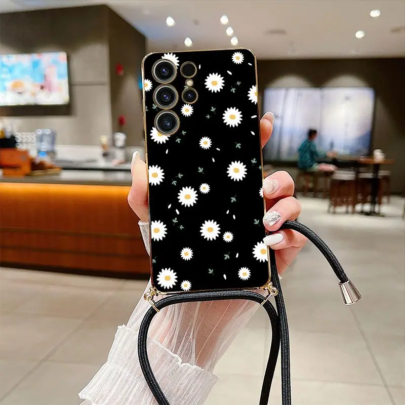 

Daisies Crossbody Lanyard Silicone Phone Case For Samsung Galaxy S23 S22 S21 S10 S9 S8 Plus Note 20 ultra 10 Plus Cover