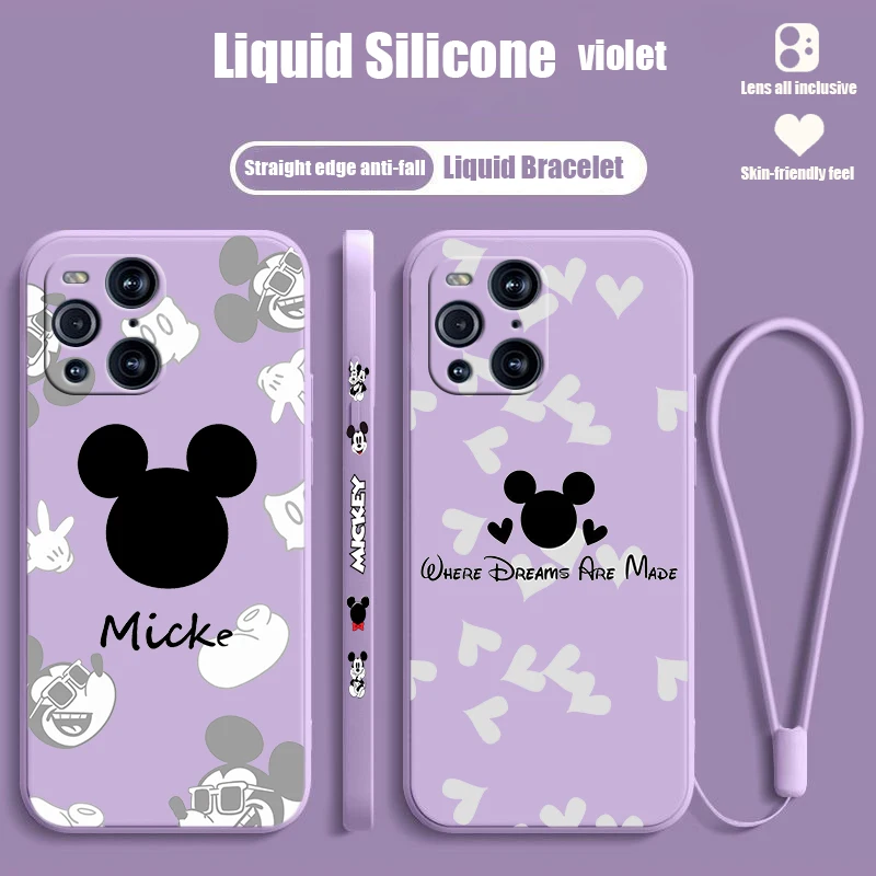 Mickey Mouse Couple For OPPO Find X6 X5 X3 X2 Pro Lite Liquid Left Rope Silicone Cover Phone Case