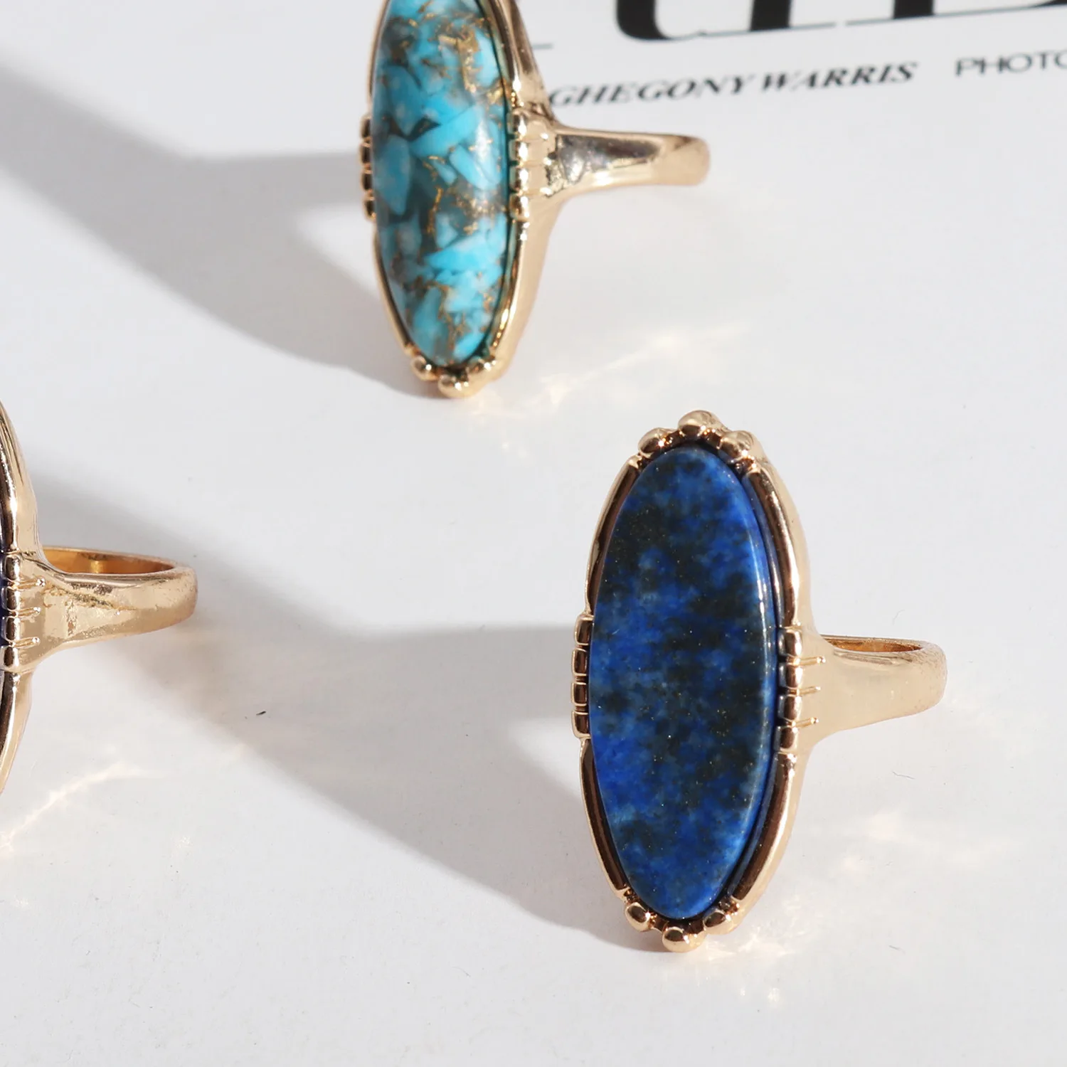 Gold Oval Turquoises Lapis Lazuli Blue Natural Stone Rings Fashion Inner Dia 1.7cm Gold Color Band Jewelry for Women