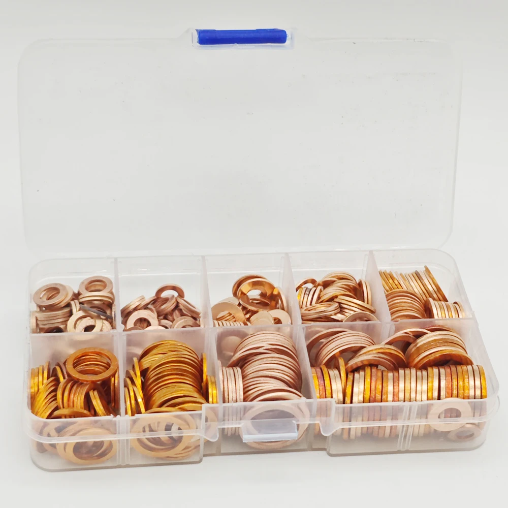 200-teiliges Kupfer-Unterlegscheiben-Dichtungsset, Flachring-Dichtungssortiment mit Box für Ölwanne, Kupfer-Flachunterlegscheiben, Öldichtung, Dichtungsset in Box – Detail 1