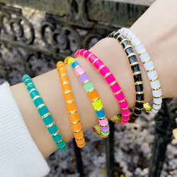 FLOLA Copper Stripe Colorful Enamel Cuff Bangles For Women Gold Plated Geometric Open Bracelet Wholesale Jewelry brtf29