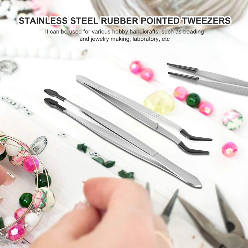 3 Pcs Rubber Tipped Tweezers 6Inch Straight Flat Tweezers & 6Inch Bent Tip Tweezers & 4.7Inch Pointed Tweezers