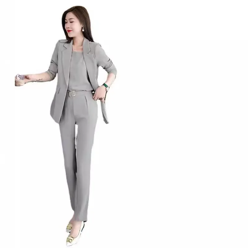Conjunto blazer feminino de três peças, jaqueta fina casual, calça lápis, colete elegante de escritório, roupa de negócios, verão