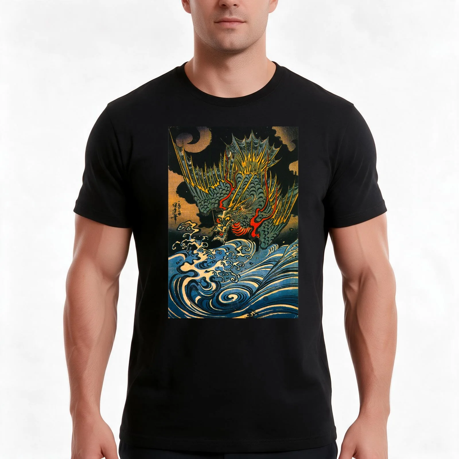 Giant Wave And Dragon Hiroshige Japanese Retro Art Hokusai Ukiyo-e T-Shirt, Summer Casual Cotton Tee, Oversized Streetwear Tops