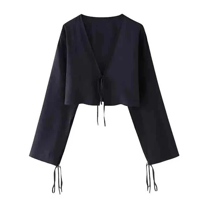 ZHUISHU Flowing Cropped Short Shirt Women Summer Lace Up Sexy Long Sleeves With Tied Openings Blouses Bow Lightweight V Neck Shi