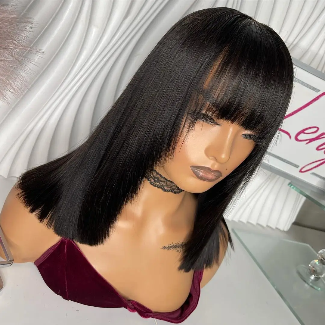 Natural Black Color Silky Straight Synthetic Hair Wigs with Bangs for Black Women Glueless 13x4 Fringe Lace Front Wigs Short Bob