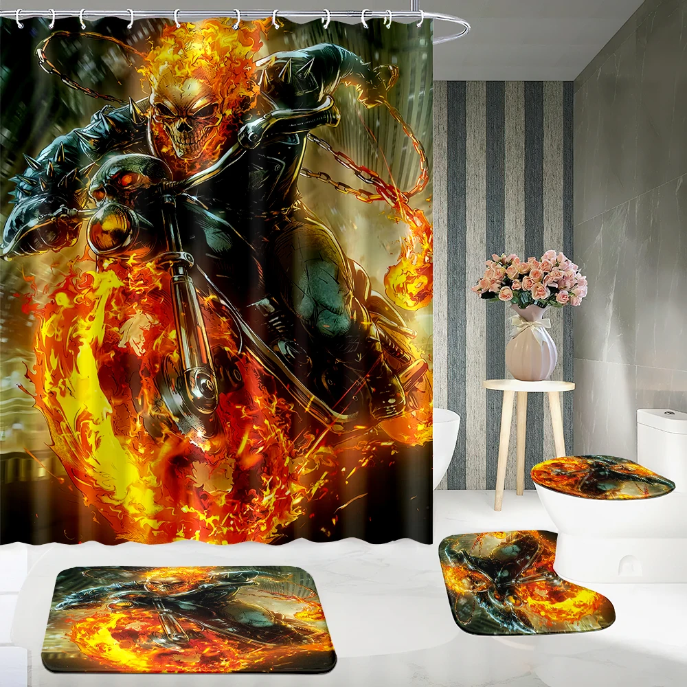 Imagem -06 - Marvel Ghost Rider Conjunto Impermeável Cortina de Chuveiro Tapetes Antiderrapantes Tampa do Toalete Tapete de Banho 12 Ganchos 70x70 Pcs