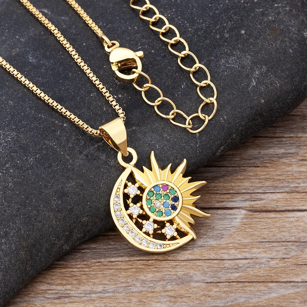 Nidin New Fashion Sun Moon Shape Pave Shiny Crystal Zircon Pendant Necklace For Female Mother\'s Day Jewelry Accessories Gifts