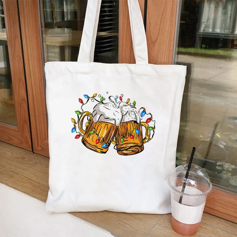 Merry Christmas Shopping Bag Christmas Beer Christmas Lights  Printed Canvas Large Capacity Shoulder Bag New Year Christmas Gift