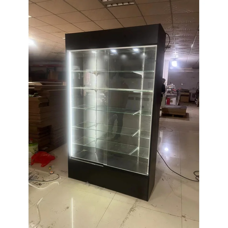 Custom, factory made tempered glass display with LED light lockable wall display cabinet glass retail shop showcase