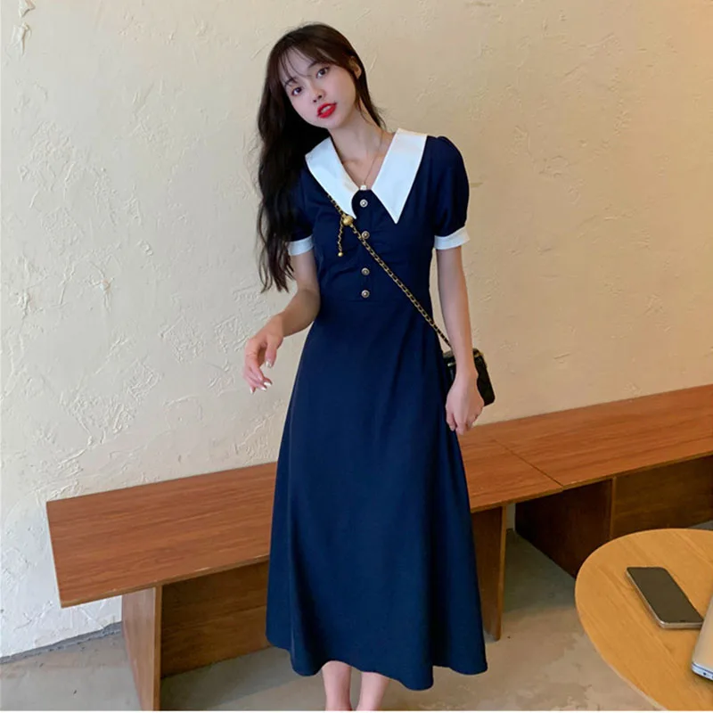 

Retro French Hepburn Black Dress Women's New Summer Fashion Style Temperament Splice Doll Neck Knee Dress for Women Streetwear