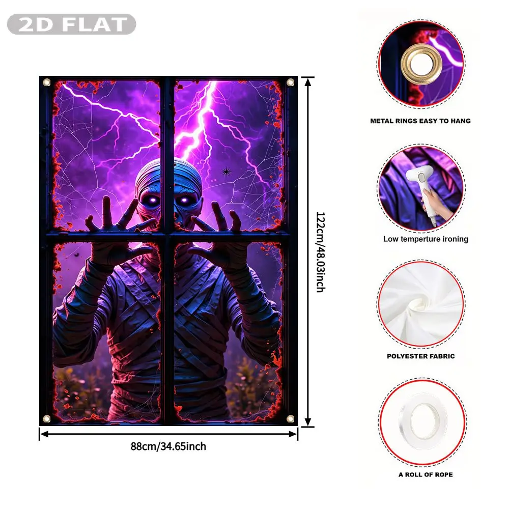 2D FLAT 1pc Party Banner, Halloween Window Cover with Mummy Peering Through Window With Lightning Background,122x88cm, Polyester