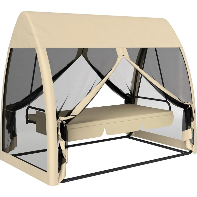 

2026 New：3-Patio Swing Chair, Porch Swing Bed with Convertible Backrest, Cushion, Canopy, Side Pocket and Mesh Net