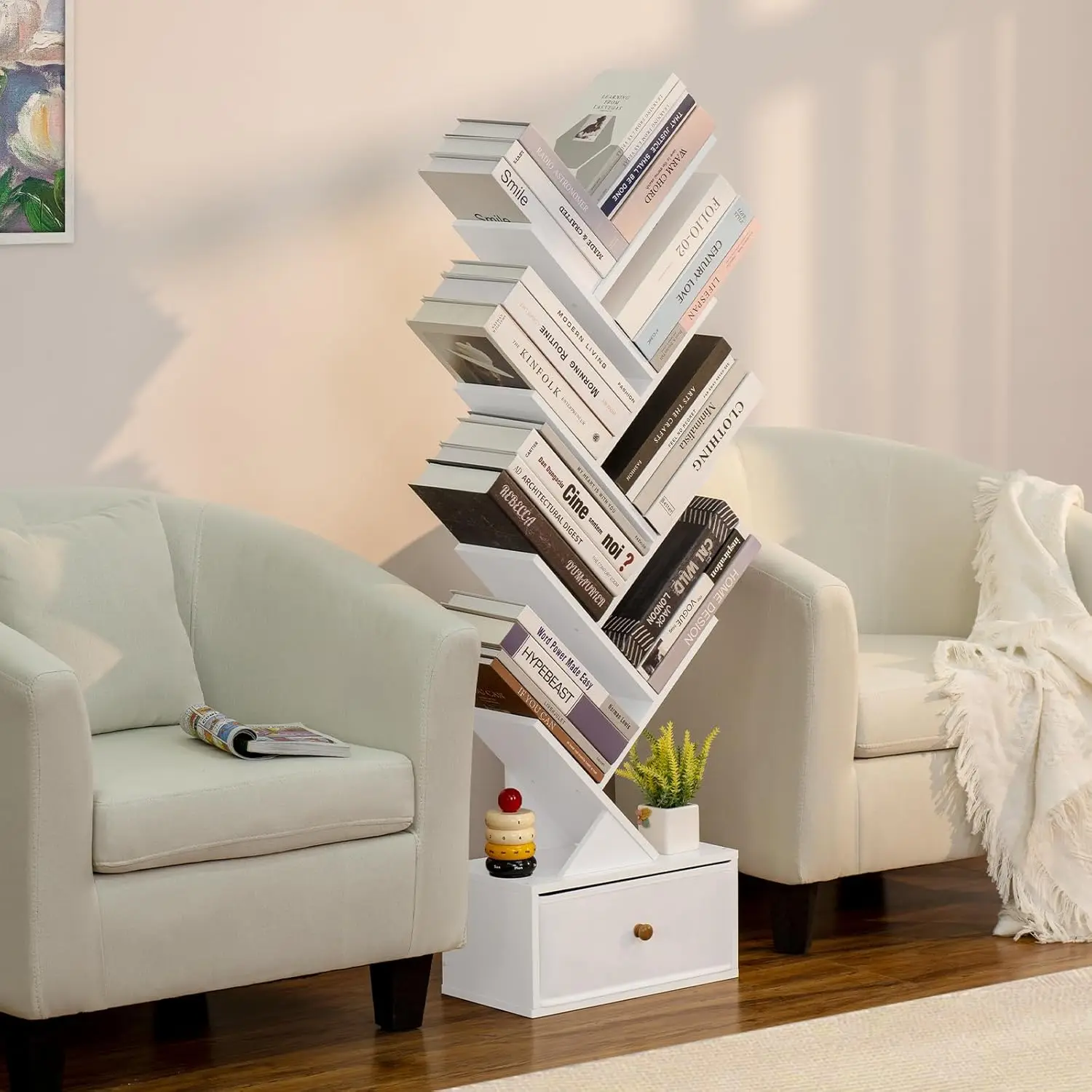 8-story tree bookshelf with drawers, independent wooden bookshelf for living room, bedroom, and home office