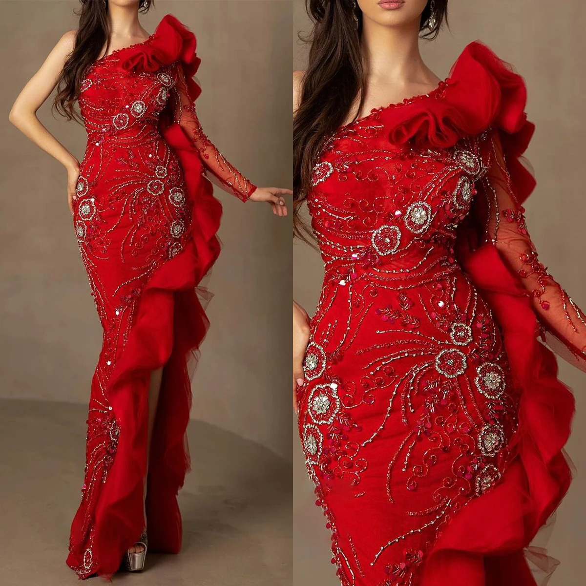 

Gorgeous Red Mermaid Prom Dress One Shoulder Lace Side Split Tiered Ruched Formal Evening Gowns Robe De Soiree