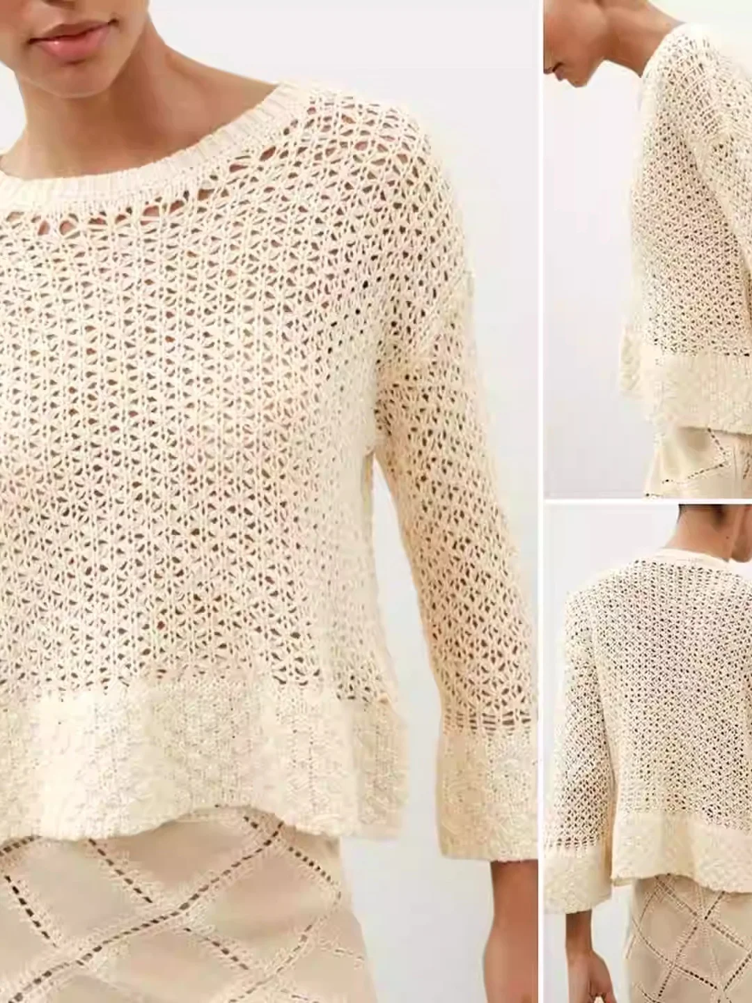 

Модный повседневный вязаный свитер женский летний 2026 с многослойным декоративным дизайном, удобный свободный крой, длинный рукав, круглый вырез