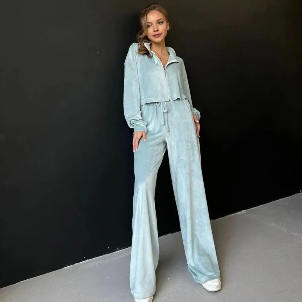 Women Formal Velvet Outfit Golden Velvet Tracksuit Set with Stand Collar Coat Wide Leg Pants for Women Winter Wear Outfit