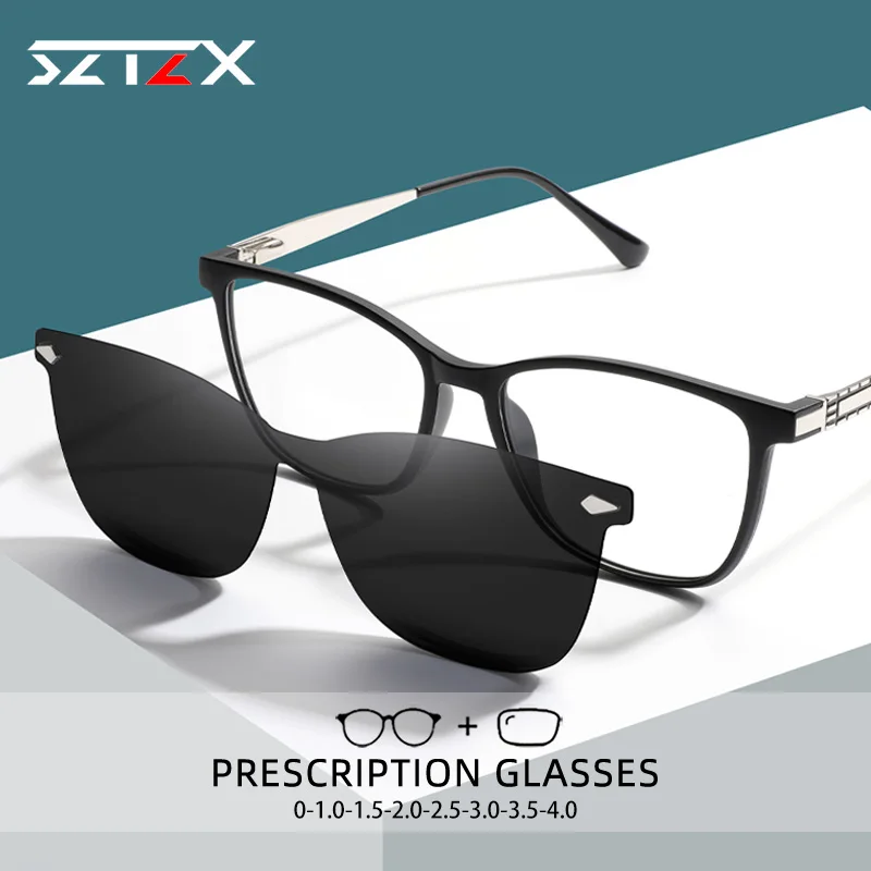 

SZTZX Casual 2 In 1 Magnet Clip On Reading Glasses Men Anti Blue Light Hyperopia Prescription Glasses with Polarized Sunglasses