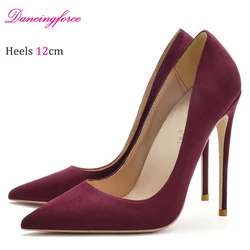 Classic Pointed Toe Wine Faux Suede 8 10 12CM Elegant Shallow Mouth Office Shoes Stiletto High Heels Women Pumps Plus Size 34-46