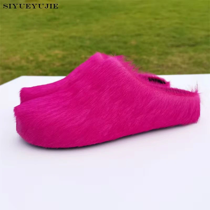 Yellow Horsehair Slippers men Mule Shoes For Women Casual Loafers Fashion Leather Shoes Woman Leisure Flats Zapatos De Mujer