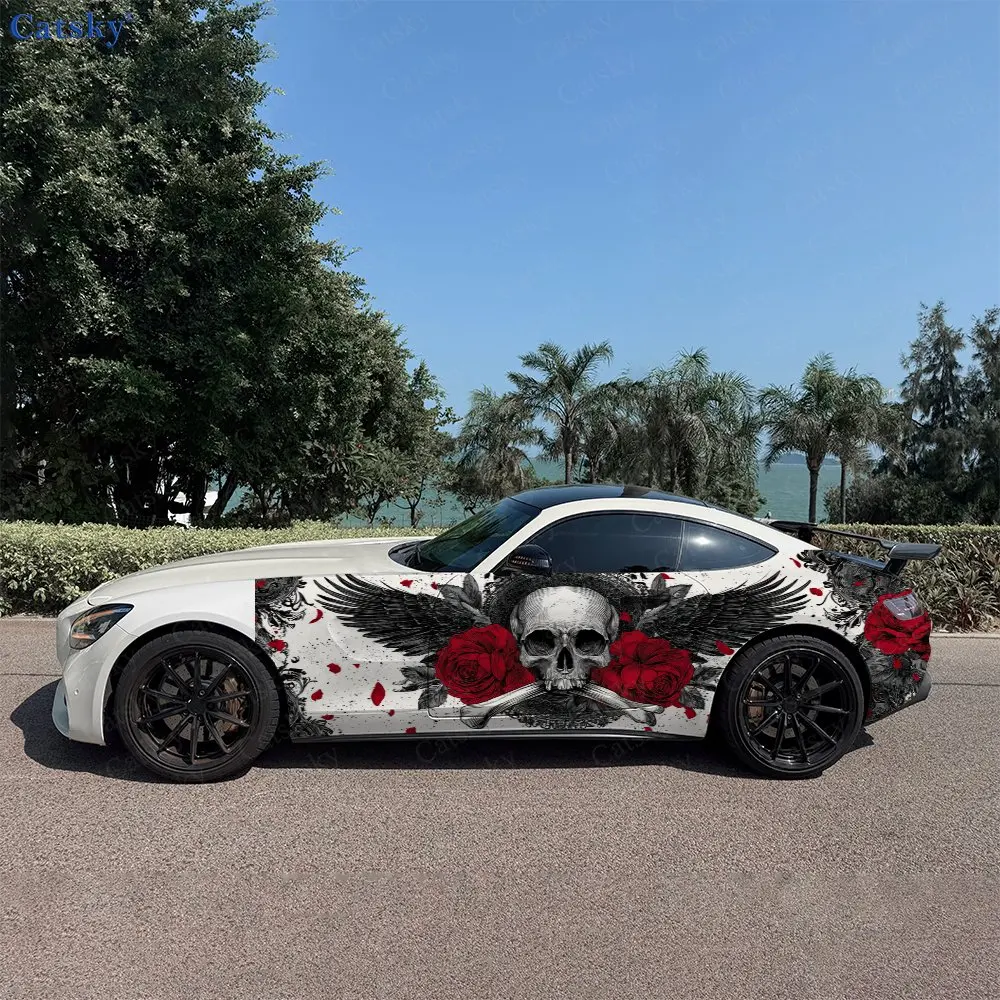 

2pcs Skull Black Wing & Rose Car Side Wraps, Self-Adhesive PVC Waterproof & Scratch-Resistant Stickers, Car Accessory Gift