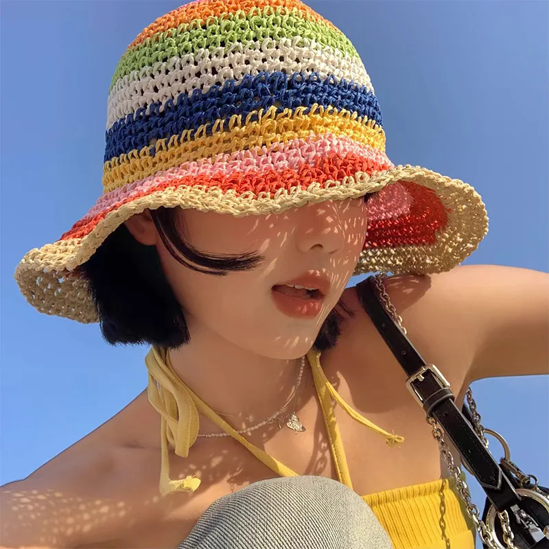 

New Colorful Casual Woven Striped Hat for Women Outdoor Sunscreen Bucket Hats Girls Sweet Cap Beach Vacation Straw Hat панама 모자