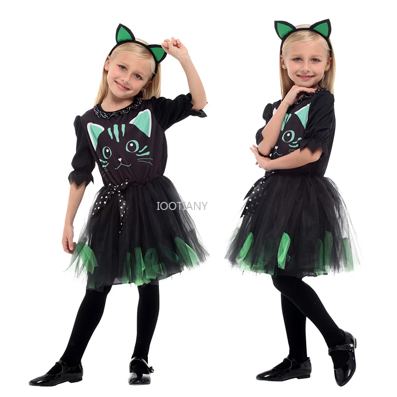 

Children's Masquerade Performance Costume Kid Black Cat Character Performance Dress Carnival Purim Stage Role Playing Party Set