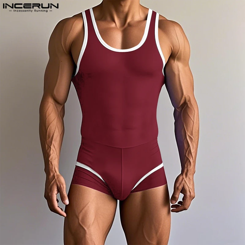 INCERUN Men Bodysuits Patchwork O-neck Sleeveless Summer Male Rompers Playsuits Streetwear Workout Sexy 2025 Cozy Bodysuit Men
